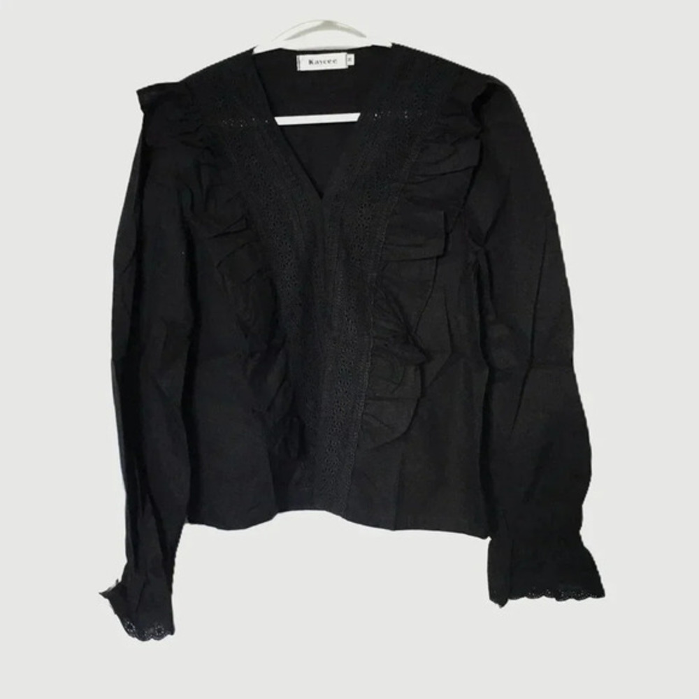 Ruffle Trim Crochet Insert Top Black | Long sleeves | 100% Cotton | US  6-8 (M)